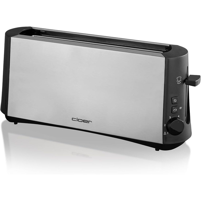 Тостер Cloer 3810 довгий слот, 880 Вт, для 2 тостів, функція для сірого хліба, насадка для булочок, корпус з нержавіючої сталі