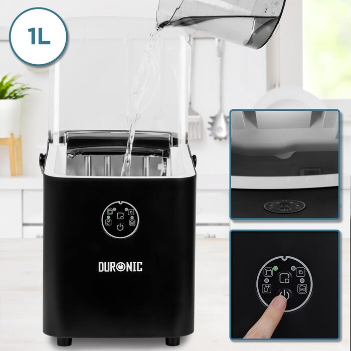 Автоматична льодогенераторна машина Duronic ICM12 BK, 1 л, до 12 кг льоду на добу, тихий компресор 54 дБ, 120 Вт, виготовлення кубиків льоду за 6-8 хвилин