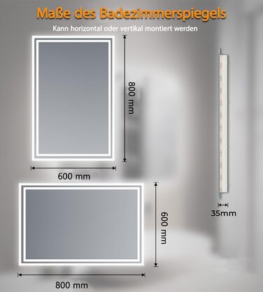 Дзеркало для ванної кімнати зі підсвічуванням SVNR, 70x50 см, LED, з куточним збільшувальним дзеркалом, сенсорне керування, антизапар, 3 колірні температури