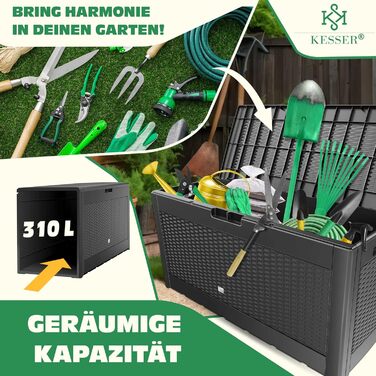 Скриня для подушок KESSER 310л з роликами, замком та автоматичним підйомником, антрацит. Садова водонепроникна скриня для зберігання речей, ратан-ефект