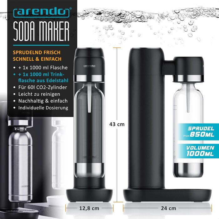 Сифон для газування води Arendo Soda Maker: набір з пляшкою 1000 мл (BPA-free) та сталевою пляшкою 1000 мл, сумісність з 60 л CO2 циліндрами, чорний