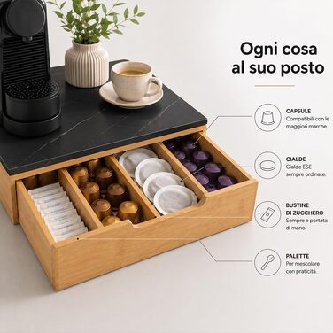 Держак для кавових капсул BAKAJI з шухлядою з бамбукового дерева для Nespresso, Dolce Gusto, Modomio, Lavazza, чайних пакетів та цукру, чорний (31,5 x 30 x 10 см)