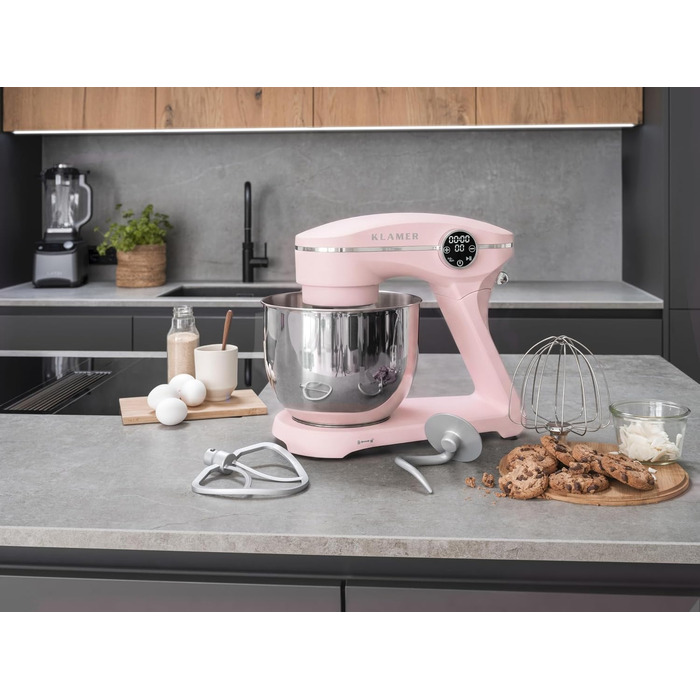 Кухонний комбайн KLAMER 1800W з чашею 6л з нержавіючої сталі, планетарний міксер для тіста з таймером, 10 швидкостей, набір насадок (гак, вінчик, міксер), колір Premium Pink