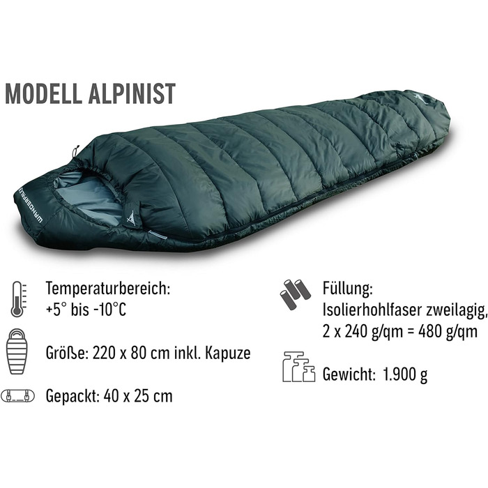Преміум спальник WANDERFALKE Alpinist для кемпінгу та туризму, 3-4 сезони, температурний режим +5°C до -10°C