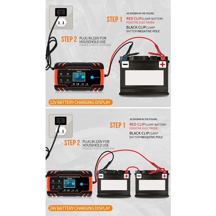Зарядний пристрій для акумулятора URAQT 8A: 12V/24V, розумний, автоматичний, з LCD, для авто, вантажівок, мотоциклів, човнів