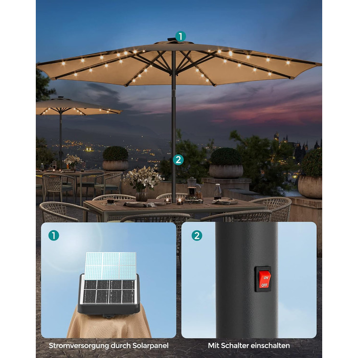 Парасоля SONGMICS 300 см з LED-сонячним підсвічуванням, 32 LED-лампочки, захист від UV UPF 50+, двосторонній нахил 30°, для саду, тераси, басейну, балкона, без підставки, кольору таупе
