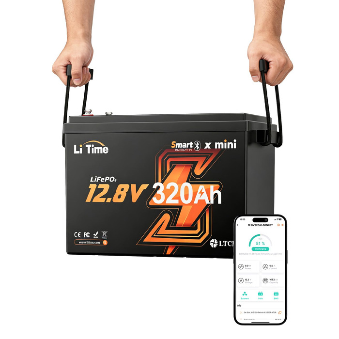 Літієва батарея LiTime LiFePO4 12V 100Ah H190 з Bluetooth для кемпінгу та автобудинків (1 шт, 12V320Ah Mini BT)