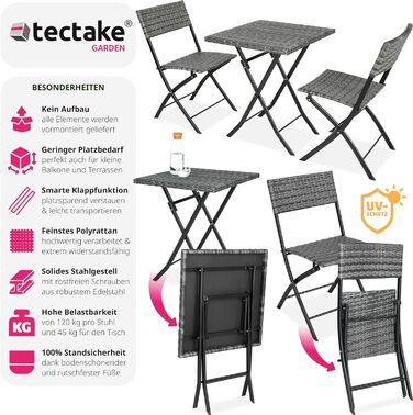 Комплект меблів для балкона або саду tectake з ротанга: 2 складані стільці та компактний стіл, сіра колір, для маленького балкона, садові меблі