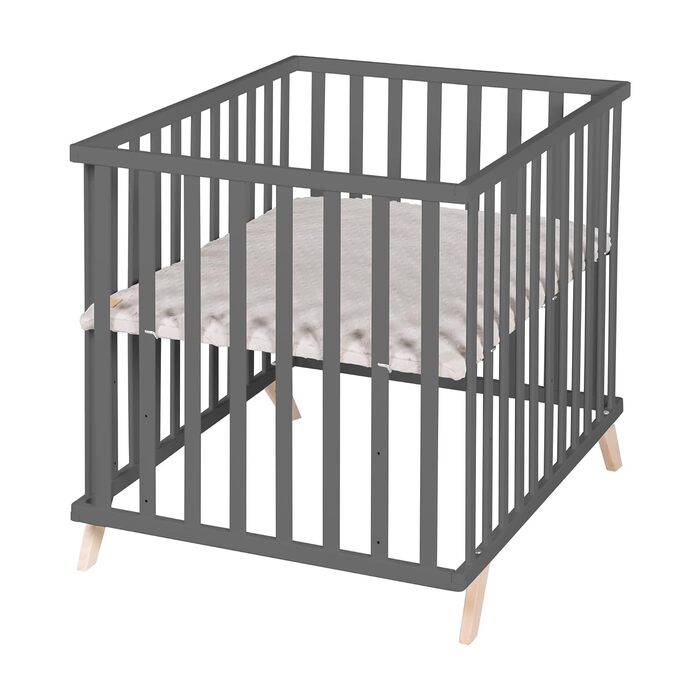 Дитячий манеж roba 75x100 см з вкладкою Lil Planet, сірий, сертифікати GOTS і Oeko-Tex 100, 3-рівневе регулювання висоти, дерев'яний антрацитовий