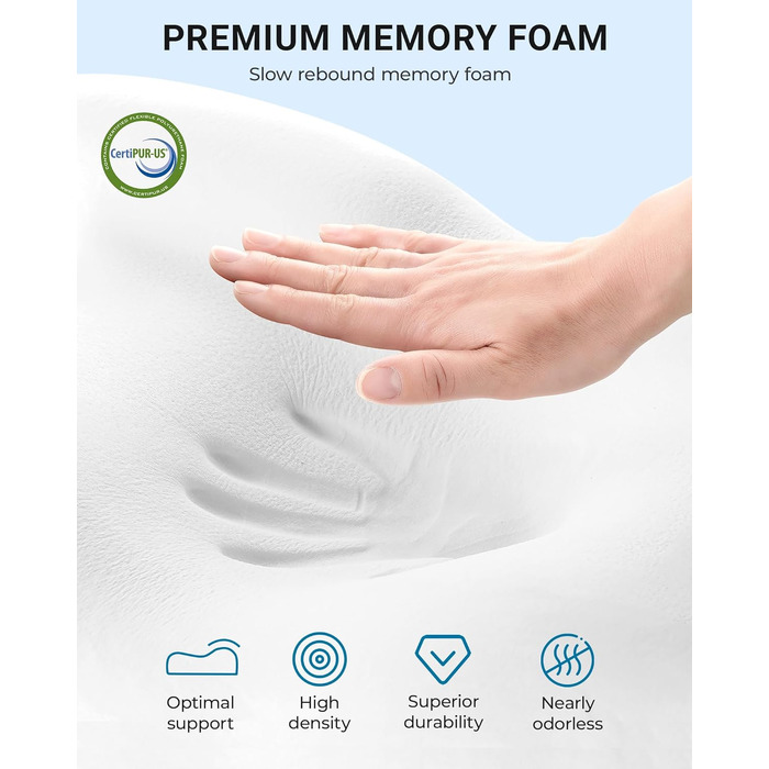 Подушка ортопедична з піни Memory Foam Elviros, регульована, для сну на боку та спині, знімний дихаючий чохол (біла)
