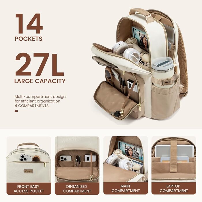 LOVEVOOK Рюкзак для жінок, 15.6" для ноутбука, шкільний, подорожі, університет, робота, велике відділення для пляшки, стильний, бежевий, хакі