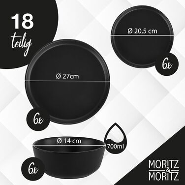 Набір посуду Moritz & Moritz NORDIC на 6 осіб (18 предметів) - чорний керамічний посуд, скандинавський дизайн, міцний набір тарілок для дому та гостей