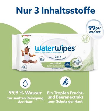 Дитячі вологі серветки WaterWipes Sensitive+ для немовлят та дітей, 99,9% води, 12 пакок по 60 шт (загалом 720 шт)