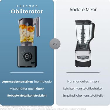 Блендер стаціонарний Chefman Obliterator 1.2л, 1380W, для смузі, льоду, горіхів, з нержавіючою сталлю, функція Auto Blend, пляшка 600мл - Midnight
