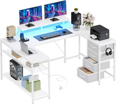 Кутовий письмовий стіл YITAHOME з 4 шухлядами та LED-підсвіткою, 158x100 см - ігровий стіл для дому/офісу з монітором, розетками та USB (білий)