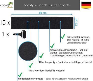 Набір сучасних килимків на сходи cocofy, 15 шт, 60x12 см, самоклеючий фетр, чорний, для внутрішнього використання