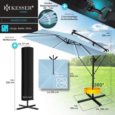 Гарматний парасоль KESSER Holly прямокутний з LED-підсвіткою на сонячній батареї, алюмінієвий, з ручкою-кривошипом, стійкою, чохлом, вітрозахистом, водостійкий, діаметр 350 см, світло-блакитний, для саду, з УФ-захистом