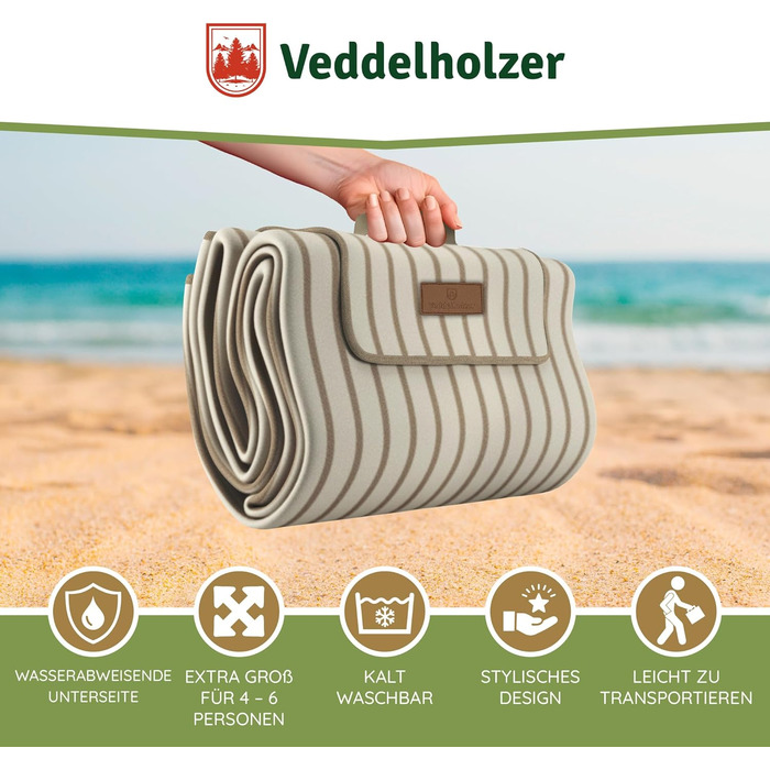 Водонепроникний плед для пікніка та пляжу Veddelholzer XXL (200x200 см), ізольована підстилка від піску для кемпінгу, парку та фестивалів, легка в догляді (Beach)