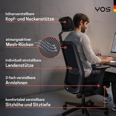 Офісний стілець YOS S5 з підтримкою спини та голови, чорний. Ergonomічний стілець до 150 кг, Made in Germany