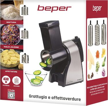 Електрична терка для сиру та овочів BEPER BP.400, сталева, сріблясто-чорна, ABS, нарізка скибками та соломкою