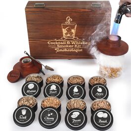 Набір для копчення віскі та коктейлів Smokeologist з 8 ароматами дерева в подарунковій дерев'яній коробці + преміум пальник (бутан)