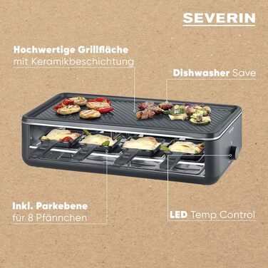 Ракле-гриль SEVERIN RG 2365 Black Line Lite для 8 осіб з антипригарною гриль-панеллю та глибокими піддонами, посудомийка-safe