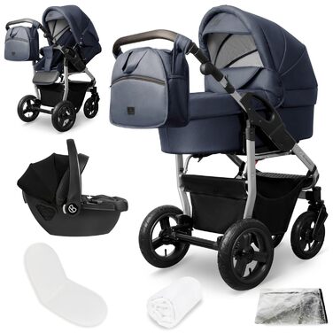 Дитяча коляска 3-в-1 Bergsteiger Capri з люлькою, автокріслом i-Size, повітряними колесами та амортизацією (синій/срібний)