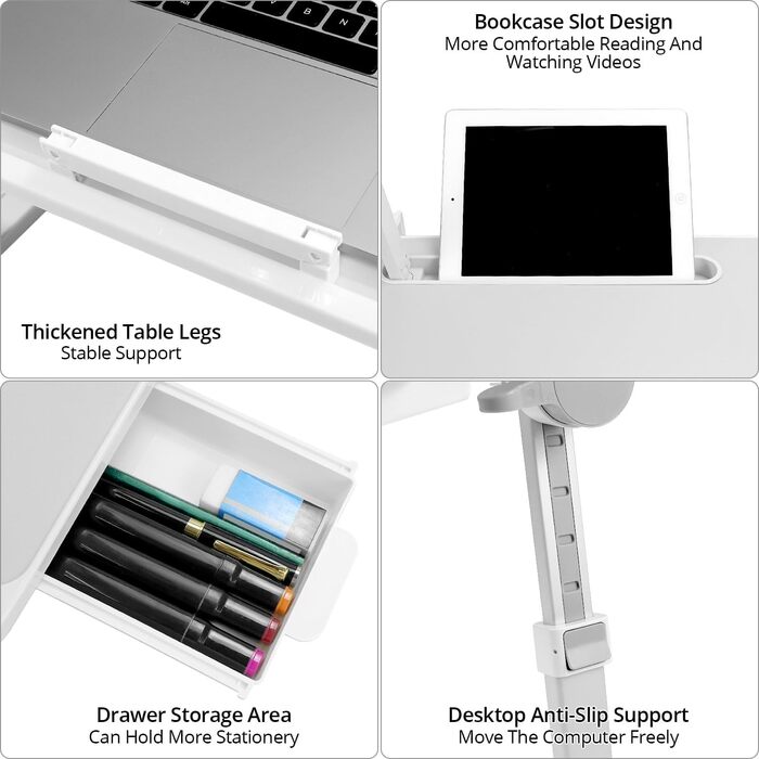 Стіл для ноутбука QWORK, регульований, складаний, з висувною шухлядою та LED-лампою, 60x40 см, для ліжка та столу