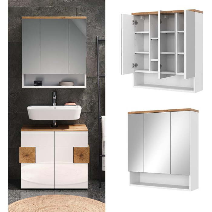 Дзеркальна шафа для ванної Vicco Eden, білий глянець/дуб Артизан, 70x77,5 см, 3 двері