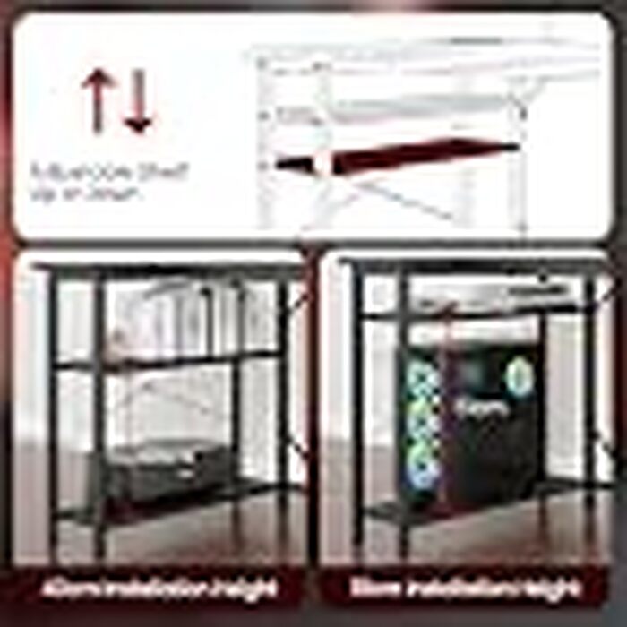 Геймерський кутовий стіл L-подібний з LED-підсвіткою, розетками, полицями та підставкою для монітора, чорний (карбон), 140 x 80 см