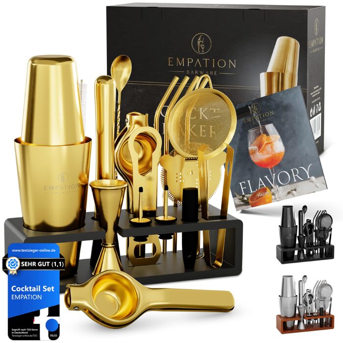 Професійний набір для коктейлів EMPATION Gold: Бостонський шейкер з нержавіючої сталі 825 мл, аксесуари для бармена та книга рецептів, золотистий