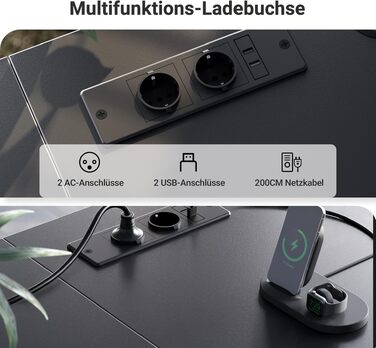 Кутовий письмовий стіл Claiks з 4 тканинними висувними ящиками, 140x80 см, з USB-зарядом та розеткою, чорний