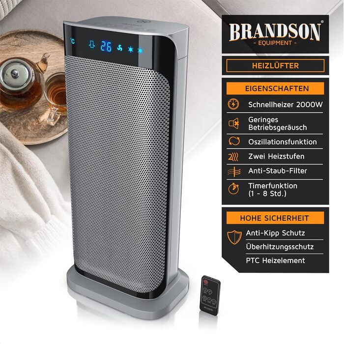 Керамічний обігрівач Brandson 2000 Вт з дистанційним керуванням, енергоощадний, тихий, для ванної кімнати, з осциляцією, сріблястий, сертифікат GS, переможець 2024 року