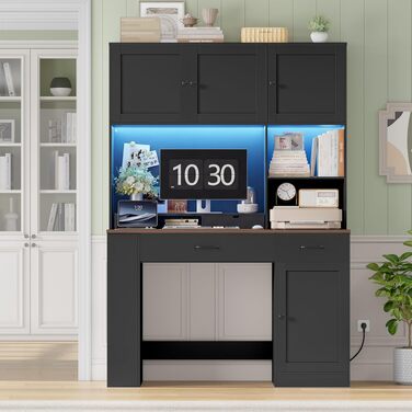 Письмовий стіл FirFurd 180x120x50 см з шухлядами, полицею для книг, LED-підсвіткою та розетками - дерев'яний комп'ютерний стіл для офісу, кабінету, дитячої кімнати (Чорний)