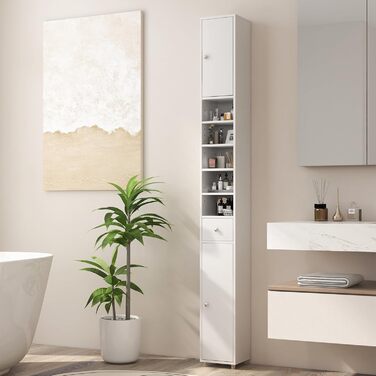 Вузька шафа для ванної кімнати GIANTEX, 20x20x180 см, біла, з шухлядою, 2 дверцятами та 5 відкритими полицями, для ванної та вітальні
