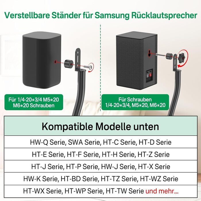 Стійки для акустики Samsung: парні, підлогові, з кріпленням на стіну, регульована висота 33-42 дюйми для об'ємного звуку
