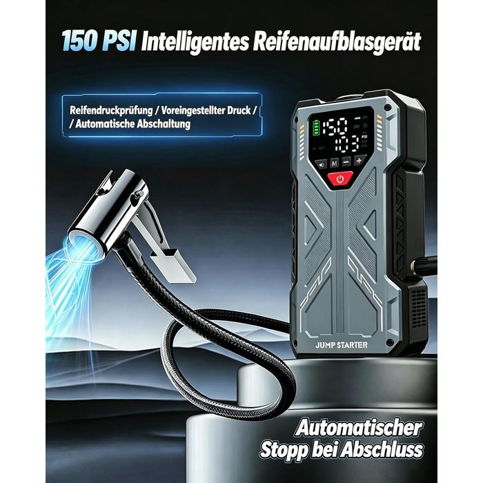 Пусковий пристрій (бустер) для авто Starthilfe 8000A з компресором 150 PSI, Powerbank 12V для бензинових та дизельних двигунів до 10л, LED-дисплей, сірий