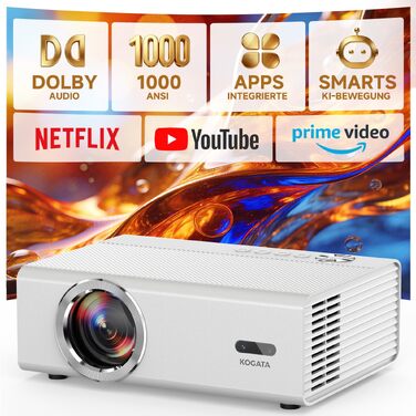 4K Smart проєктор KOGATA з Wi-Fi та Bluetooth, HDR10+, Автофокус, 6D Keystone. Підтримка Netflix, Dolby Audio. Для дому та вулиці, білий.