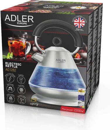 Електричний чайник Adler AD 1282 скляний 1,5 л, підсвітка, бездротовий, BPA-free, автоматичне вимкнення, 2200 Вт, вінтажний дизайн, прозорий/сталь