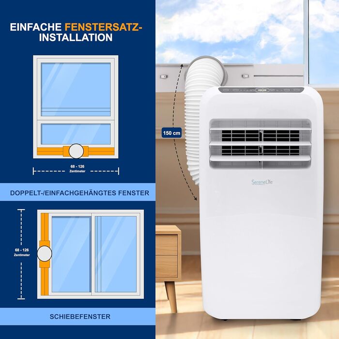 Мобільний кондиціонер SereneLife 9000 BTU 4-в-1: охолодження, обігрів, вентилятор і осушувач повітря, з пультом ДУ, для кімнат до 20 м², білий, комплект для віконного монтажу