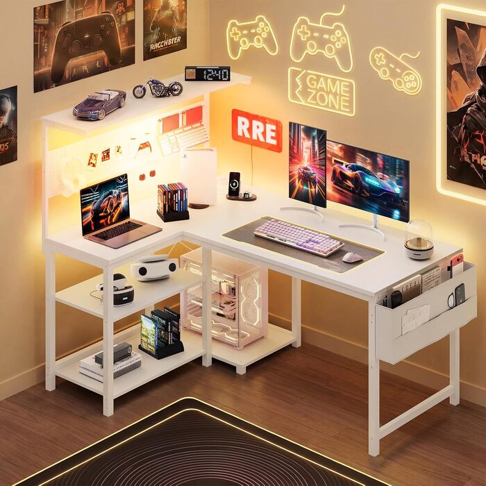 Ігровий стіл YOUDENOVA L-подібний з LED, розеткою USB, поличкою та перфорованою стінкою, 120x80 см. Комп'ютерний стіл для геймерів та дому, білий