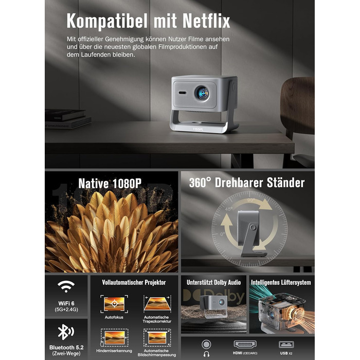 Смарт-проектор VISSPL 4K Home Cinema, 30000 Люмен, 3D Dolby Audio, Автофокус, WiFi 6, Bluetooth, 360° підставка, сірий