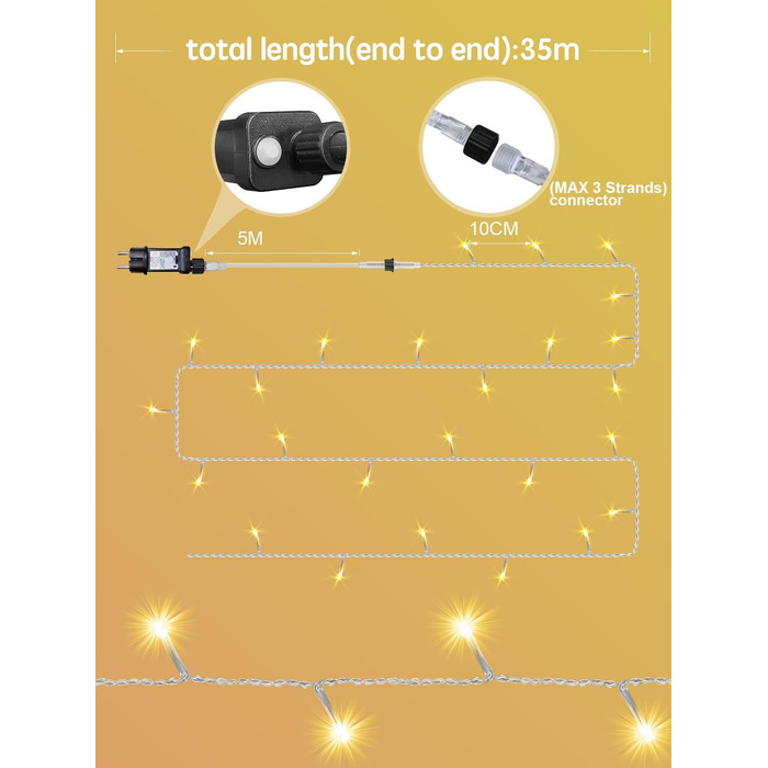 Світлодіодна гірлянда для вулиці 35м, 300 LED вогників для новорічної ялинки, теплий білий колір