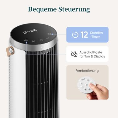Вентилятор вежовий Levoit Kompakt DC: тихий, 7 м/с, з пультом, таймером, 90° осциляція, 33 см, білий