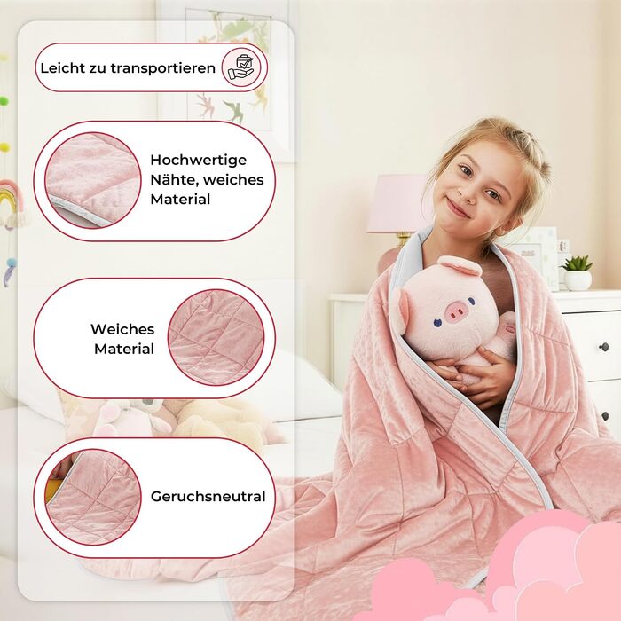 Обважнююча ковдра SLEEP COMFY для зняття стресу та тривожності, 2.4 кг, гіпоалергенні скляні кульки, бавовна Oeko-TEX, рожева, 100 x 150 см