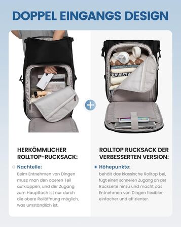 LOVEVOOK Рюкзак Rolltop, чорний, 17.3 дюйми, водонепроникний, для подорожей, школи, університету, велосипеда