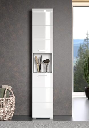 Висока шафа для ванної trendteam Amanda, білий глянцевий, 37x190x31 см, сучасний дизайн