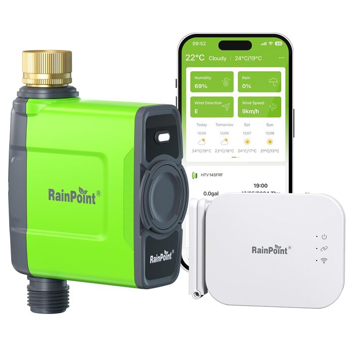 Таймер для поливу RainPoint WiFi з латунними фітингами, 1 зона, смарт-контролер, керування через APP/голосові команди, автоматичний полив саду та газону, 6 програм