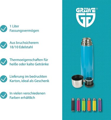 Термос GRÄWE 1 л, з нержавіючої сталі, ізольована пляшка для напоїв, з чашкою, герметичний, підходить для посудомийної машини, синій