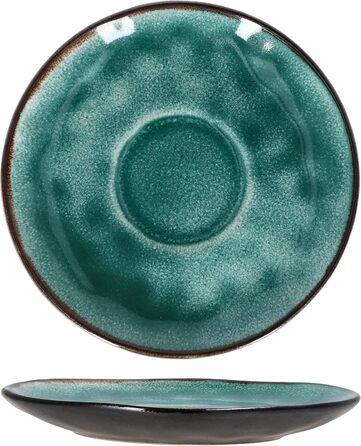 MamboCat Кавовий сервіс 18 предметів Green Reactive Glaze для 6 осіб. Керамічний набір ручної роботи з ефектом м'ятиного кольору та мідною окантовкою (6 чашок, 6 тарілок, 6 десертних тарілок).